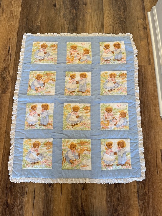 Other - Blue Teddy Bear Patchwork Baby Quilt with Lace Trim